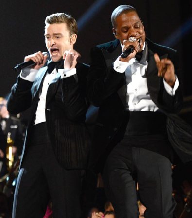 Jay-Z and Justin Timberlake perform during the "Black Tie" tour